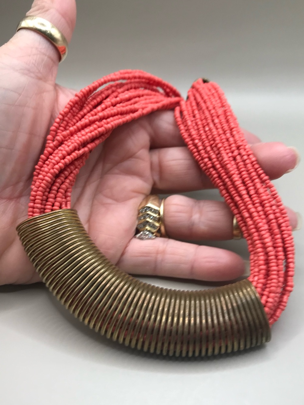 Treska Coral Multi-Strand Bead Necklace with Antique Bronze Coil Tubes - Picture 7 of 8